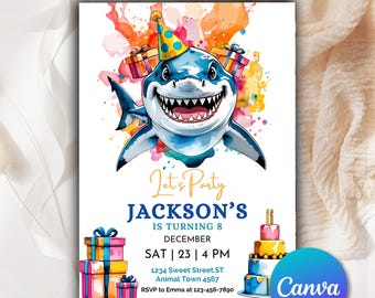 Invito di compleanno a tema squalo, invito per festa per bambini a tema oceano, invito sottomarino, invito modificabile per festa a tema squalo per ragazzi e ragazze SH0022