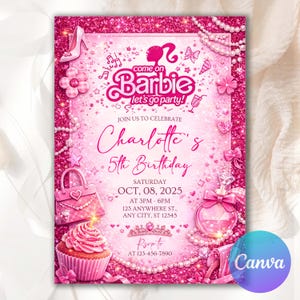 May include: Pink Barbie-themed birthday invitation with glitter accents. Features text "Come on Barbie let's go party!" and details for a 5th birthday celebration. Includes illustrations of a high heel, purse, cupcake, and perfume bottle.
