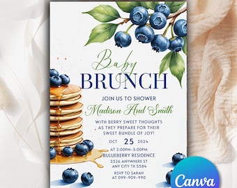Blueberry Baby Shower Invitation, Blueberry Themed Invite, A Sweet Berry Baby Shower Invitation, Printed or Instant Editable Template BBB341