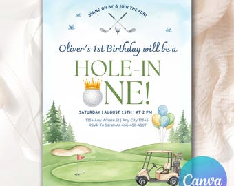 Hole In One 1st Birthday Invite Template, Any Age Birthday Invitation, First Birthday, Editable Golf Par-Tee First Birthday Invite HIO663