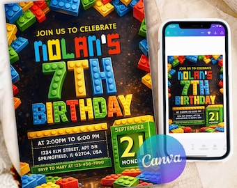 Building Blocks Birthday Invitation, Bricks Birthday Printable Invitation Template, Construction Party Invite Theme, Editable Canva BBR7