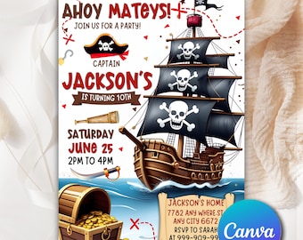 Invitación de cumpleaños pirata, invitación para fiesta pirata, invitación de cumpleaños para niño, ¡Ahoy, amigos!, invitación de cumpleaños pirata editable Canva PB0011
