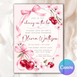 Könnte beinhalten: Rosa Babyparty-Einladung mit Kirsch- und Blumenillustrationen. Der Text lautet "She is the cherry on the top" und lädt Gäste ein, Olivia Wathson zu feiern. Enthält Datum, Uhrzeit und Veranstaltungsort.