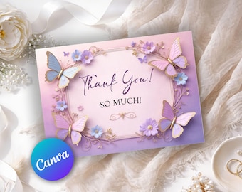 Butterfly Thank You Card, Purple Floral Thank You Printable, Elegant Butterfly Theme, Editable Canva Template, Instant Download PB67