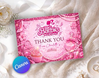 Pink Glam Birthday Thank You Card, Doll Theme Party Thank You Card, Girl Birthday Thank You, Pink Glitter Party Favor, Editable Canva BMHP1