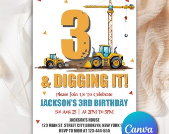 Construction Birthday Invitation, Construction Invitation, Dump Truck Party Invite, Editable Construction Birthday Invitation Canva CD025