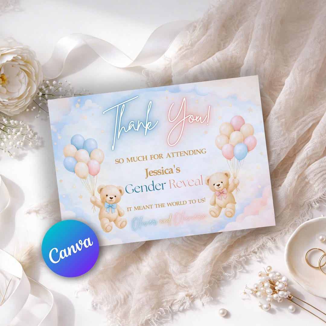 Gender Reveal Thank You Card Printable, Teddy Bear Baby Shower Thank ...