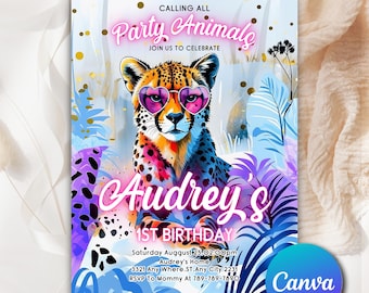 Invitación de cumpleaños con temática de safari en la jungla, plantilla digital editable de invitación de cumpleaños con una niña guepardo llamando a todos los animales de la fiesta (RCA022)