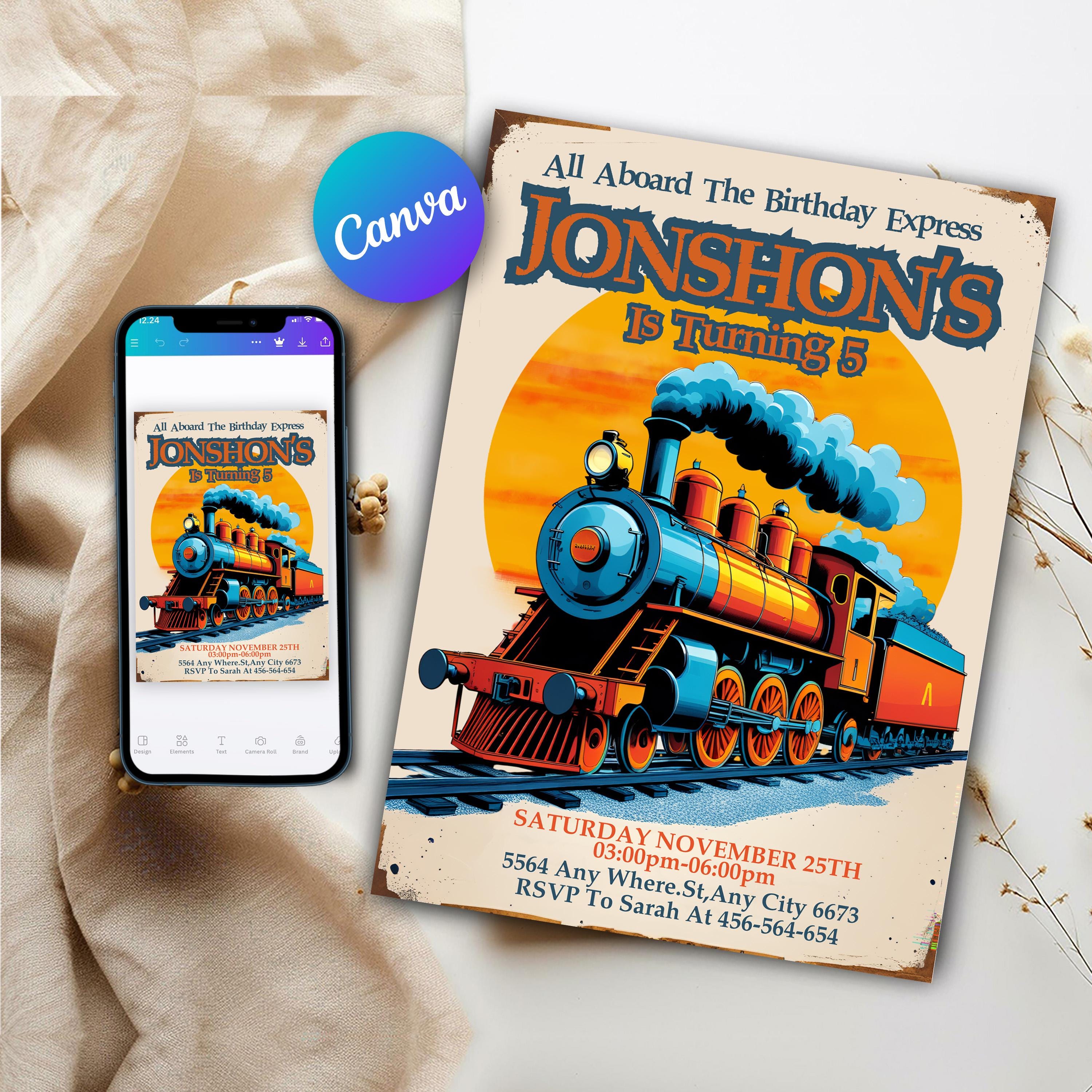 Train Birthday Party Invitation, Train Kids Invitation, Blue Boy 1st ...