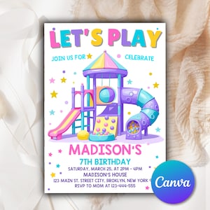 以下が含まれることがあります： 「LET'S PLAY」と「MADISON'S 7TH BIRTHDAY」の文字が入った、カラフルな誕生日パーティーの招待状。滑り台とボールプールのある遊び場がデザインされています。招待状には日付、時間、場所が記載されています。