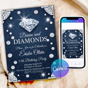 Denim birthday,Luxury invitation,Retro invitation,Denim and diamonds,Denim invitation,Diamonds invitation,Diamonds birthday,denim birthday party,digital flyer invite,jean party,diamonds and denim,Denim invite,Diamonds invite,