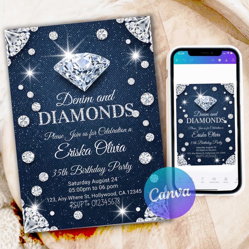 Denim birthday,Luxury invitation,Retro invitation,Denim and diamonds,Denim invitation,Diamonds invitation,Diamonds birthday,denim birthday party,digital flyer invite,jean party,diamonds and denim,Denim invite,Diamonds invite,
