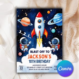 Space Birthday Party Invitation,  Astronaut Outer Space Theme Invitation, Galaxy Invitation, Editable Space Birthday Invitation, Canva OSB11