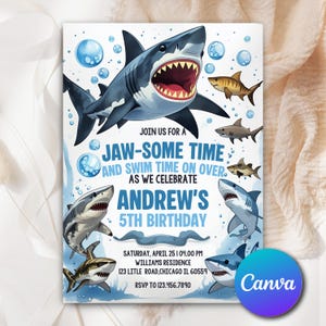 May include: A birthday invitation with a shark theme, featuring illustrations of sharks and bubbles in blue and white. The text reads "JAW-SOME TIME" and "ANDREW'S 5TH BIRTHDAY", with event details and RSVP information.