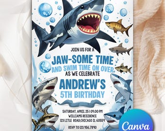 Invito per la festa di compleanno a tema squalo, invito di compleanno personalizzabile a tema sotto il mare, invito di compleanno per bambini a tema oceano e squali SH0023