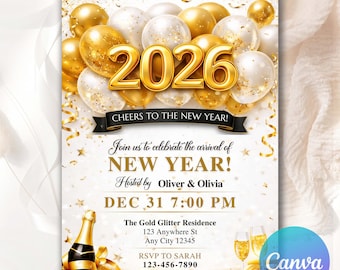 New Years Eve Party Invitation, Gold Glitter New Year Invite, 2026 New Year’s Party Invite, NYE Party, New Years Eve Evite, Editable Canva
