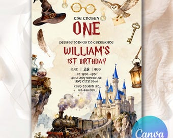 Wizards Witches Birthday Invitation, Castle Wizardry Party, Magical School Wizardry Birthday Party Invitation, Editable Canva Template
