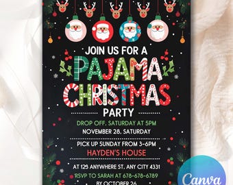 Editable Christmas Pajama Party Invitation, Holiday Party Invitation, Pajama Invitation, Christmas Party Invitation, Canva Template CPJ83