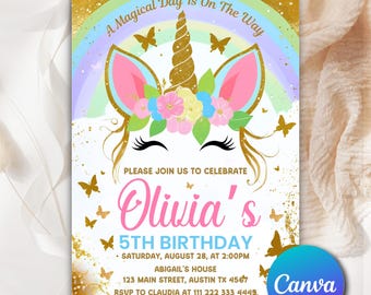 Unicorn Birthday Invitation Pastel Rainbow Party Invite Sparkle Printable Invitation Editable Unicorn Birthday Invitation Template UB084