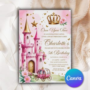 May include: Pink princess-themed birthday invitation featuring a castle, carriage, and crown. The invitation reads "Once Upon Time" and announces Charlotte's 5th birthday. Includes event details and RSVP information.