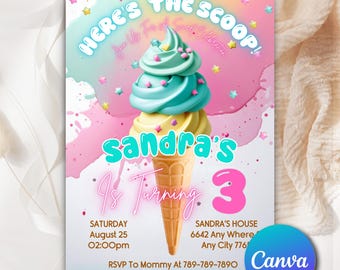 Here’s Scoop of Fun 3rd Birthday Party invitation Template Instant Download Ice Cream Invite Editable Ice Cream Birthday Invitation IC0991
