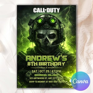 Könnte beinhalten: Eine Geburtstagseinladung im Call of Duty-Stil mit einem soldaten mit Totenkopf-Gesicht, der einen Helm mit grünen Linsen trägt. Die Einladung enthält den Text "ANDREW'S 8TH BIRTHDAY" und Eventdetails vor grünem und schwarzem Hintergrund.