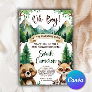 Let the Adventure Begin Woodland Baby Shower Invitation, Forest Mountain Baby Shower Invite Editable Boy Adventure Baby Shower Invite WLB671