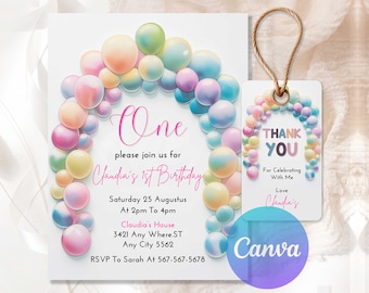 Pastel Rainbow Birthday Invitation, First Birthday Invitation, Pastel 1st Birthday Invite, EditablePastel Rainbow Balloon Arch PRB9801