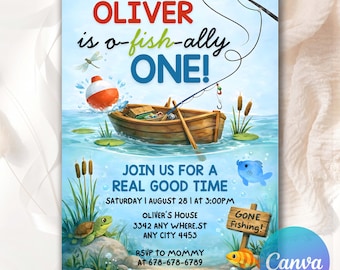 OFishally One First Birthday Party Invitation, Fishing Birthday Invitation Theme, Fishing 1st Birthday Invite, Gone Fishing Editable Canva