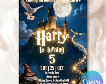 Wizards Witches Birthday Invitation, Castle Wizardry Party, Magical Birthday Invitation, Wizardry Birthday Party Invitation, Editable Canva