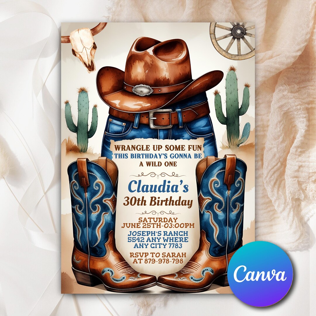 Cowgirl Birthday Invitation, Dukes and Boots Design, Rodeo Theme Flyer