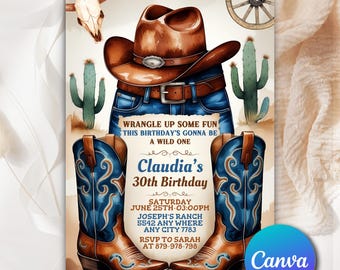 Cowgirl Birthday Invitation, Dukes and Boots Design, Rodeo Theme Flyer, Hoedown Canva Template, Editable Western Birthday Party Invite PC041