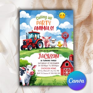 Faire-part de fête d'anniversaire ferme, animaux de la ferme, faire-part d'anniversaire pour enfants ranch animaux de la basse-cour, invitation modifiable toile 5 x 7 F0771