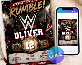 Wrestling Birthday Invitation, Wrestling Party Invite, Championship Belt Birthday, Pro Wrestling Party, Canva Template WWE4