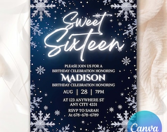 Winter Snowflake Invitation, Blue Snowflake Girl Snow Digital Invitation, Editable Winter Birthday Invite Template, Instant Download SF851