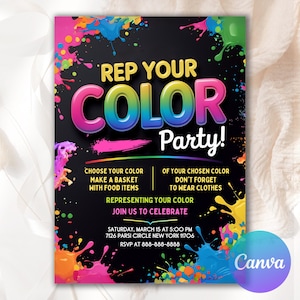 Może przedstawiać: Czarna zaproszenie na imprezę z kolorowymi plamami farby. Tekst brzmi "Rep Your COLOR Party!" z instrukcjami wyboru koloru, przyniesienia jedzenia i noszenia ubrań w tym kolorze. Zawiera szczegóły wydarzenia.