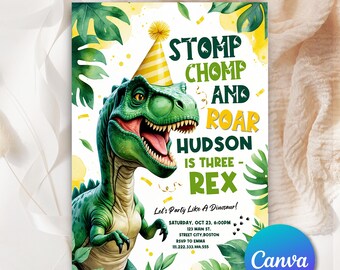 Three Rex Dinosaur Birthday Party Invitation, Dinosaur Birthday Party Invitation Template, Three-rex Invitation, 3 Rex Birthday Party TRD081