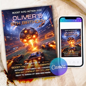 May include: A birthday invitation with a futuristic racing theme. The design features race cars, a soccer ball, and the text "BOOST INTO ACTION FOR OLIVER'S 8TH BIRTHDAY". Includes event details and RSVP information.