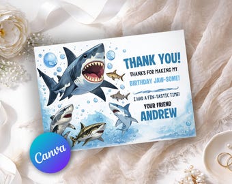 hark Birthday Thank You Card Editable Template, Ocean Party Thank You Kids Boy, Jaw Some Birthday Canva Template Instant Download SH0023