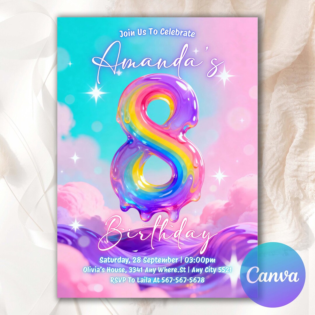 Melted Eight 8th Birthday Invitation | Eight Rainbow Birthday Invite | Pastel Dream ...
