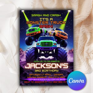 Monster Truck Birthday Invitation For Boys, Monster Truck Theme Party Invitation, Smash And Crash, Editable Invitation Canva Template MT24