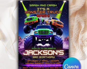 Monster Truck Birthday Invitation For Boys, Monster Truck Theme Party Invitation, Smash And Crash, Editable Invitation Canva Template MT24