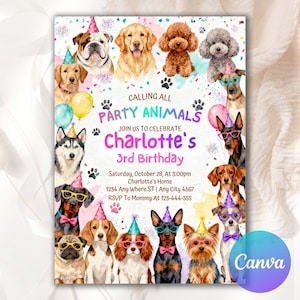 Op de afbeelding: Een kleurrijke verjaardagsuitnodiging met aquarel illustraties van verschillende hondenrassen met feesthoeden en brillen. De tekst luidt "Calling All Party Animals" en viert "Charlotte's 3rd Birthday". Bevat evenementdetails.