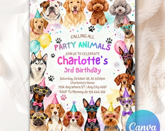 Peut inclure: Une invitation d'anniversaire colorée avec des illustrations à l'aquarelle de différents chiens portant des chapeaux de fête et des lunettes. Le texte dit "Calling All Party Animals" et célèbre "Charlotte's 3rd Birthday".