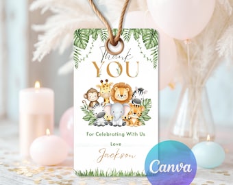 Editable Safari Thank You Tag Template, Jungle Animal Baby Shower Favor Tag, Kids Birthday Safari Thank You Tag, Editable Canva WO302