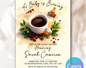 Coffee Bean Baby Invite, Coffee Baby Shower Inviteation, Baby Brewing Invite, Coffee Theme Baby Shower Invite, Editable Canva Template CBB1