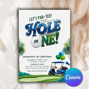 Hole in One Birthday Invitation Golf First Birthday Par-tee Golf 1st Birthday Invite Boy First Birthday Editable  Digital Download HIO662