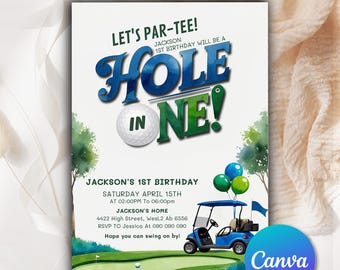Hole in One Birthday Invitation Golf First Birthday Par-tee Golf 1st Birthday Invite Boy First Birthday Editable  Digital Download HIO662