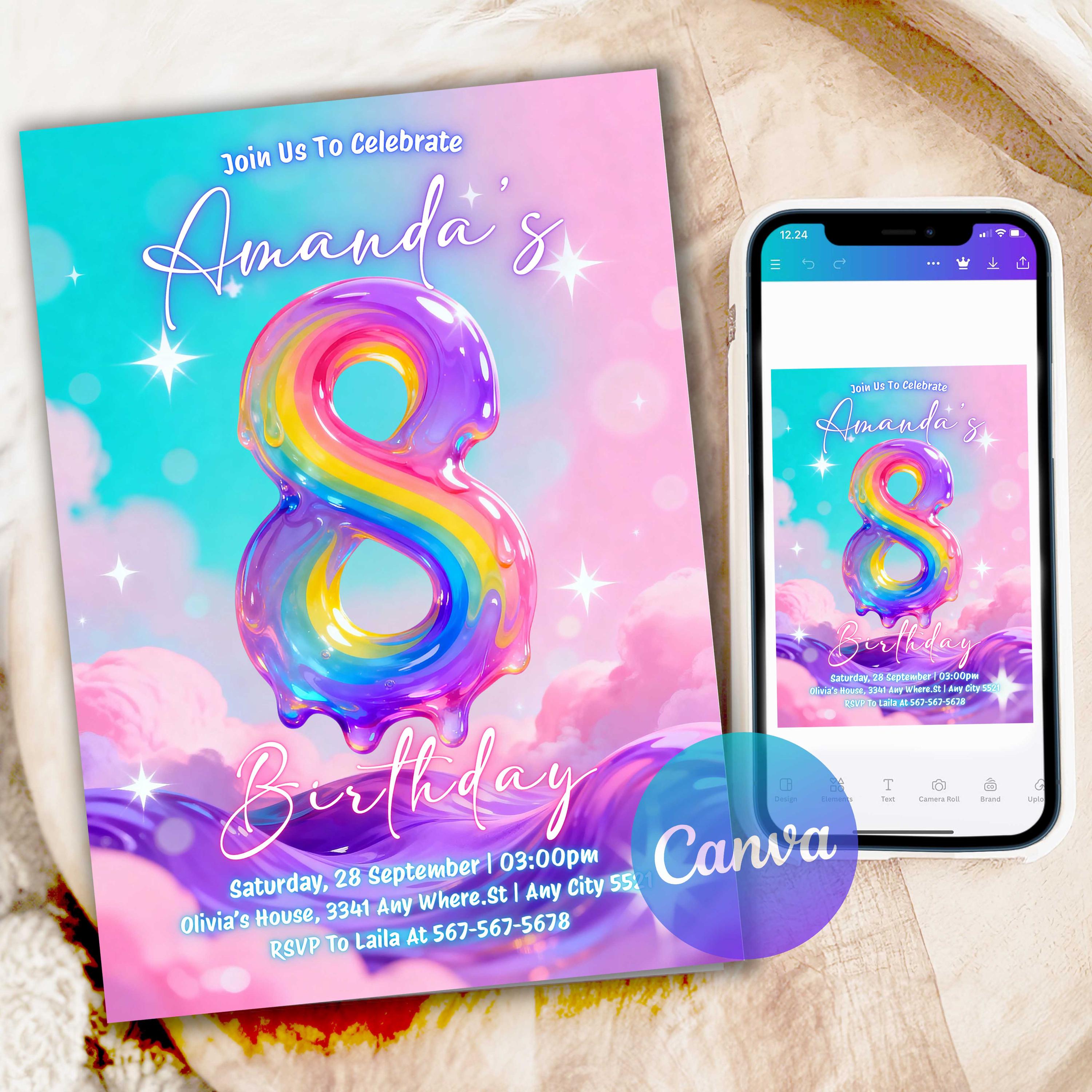 Melted Eight 8th Birthday Invitation | Eight Rainbow Birthday Invite | Pastel Dream ...
