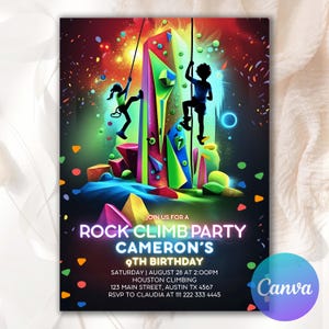 Peut inclure: Une invitation vibrante pour une fête d'escalade. Le design présente des silhouettes grimpant sur un mur coloré, avec le texte "Rock Climb Party" et les détails de l'anniversaire de Cameron, 9 ans, y compris la date, l'heure et le lieu.